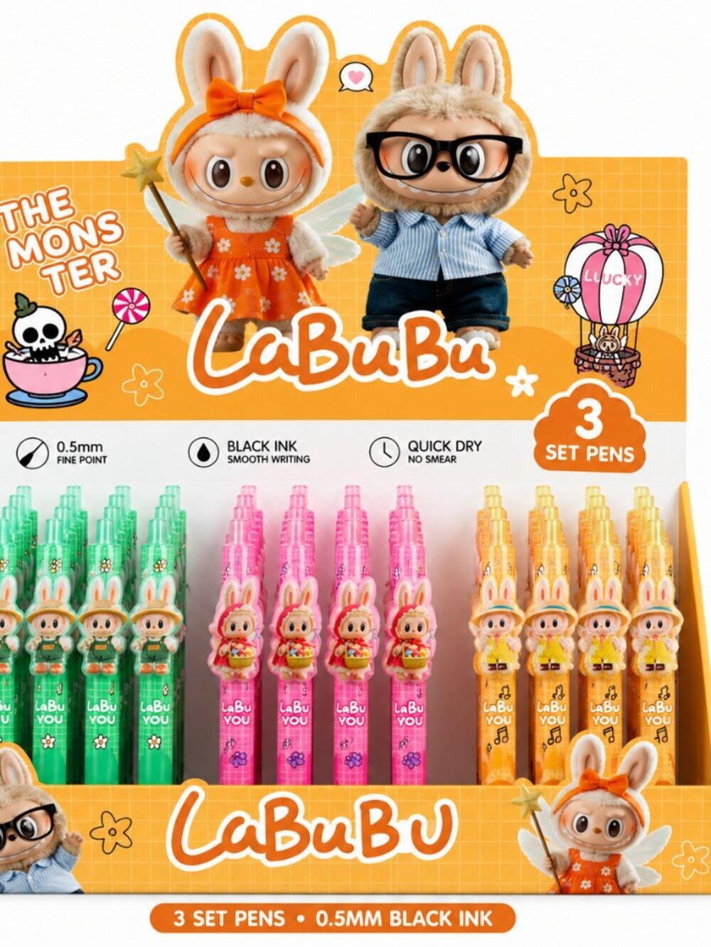 3pc Monster Bubu Character Gel Pen Set 0.5mm Black Ink Cute Stationery Pens